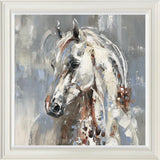 Framed painting of a horse with abstract brushstrokes on a gray background