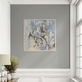 Framed artwork of a horse on a gray wall in a room with a window and plant.