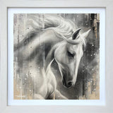 Framed artwork of a white horse with a textured background