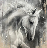 Framed artwork of a white horse with a textured background