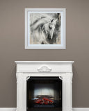 White fireplace with a framed picture of a horse on a brown wall