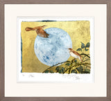 Framed artwork of two birds near a moon-like object on a gold background