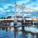 A painted cityscape of a Albert bridge over water at dusk, with illuminated bridge towers, boats on the river, and blue sky with clouds. 