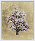 Artistic depiction of a cherry blossom tree on a textured gold background
