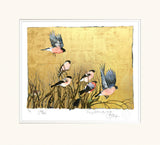 Artistic depiction of birds on branches against a gold background
