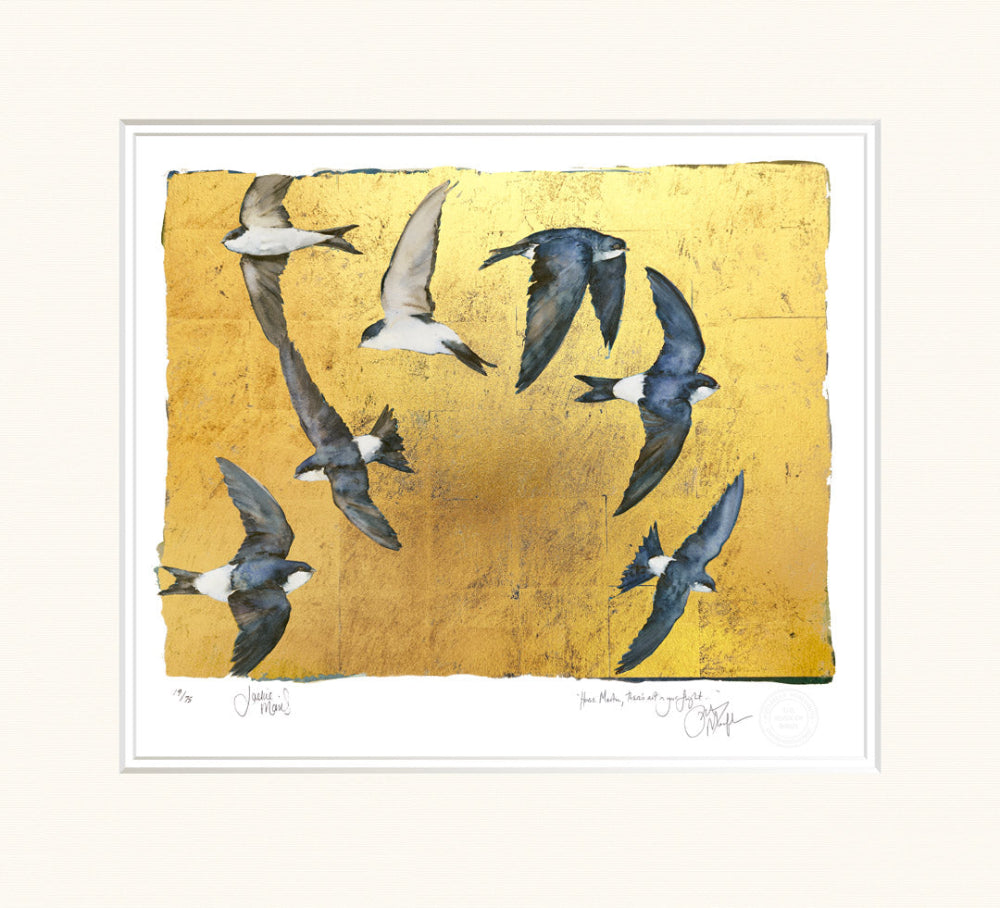 Art print of birds flying against a yellow background