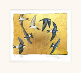 Art print of birds flying against a yellow background