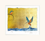 Artistic depiction of two birds, one perched and one in flight, against a yellow background with water at the bottom.