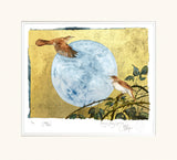 Art print with two birds and a moon on a textured yellow background