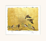 Art print of birds on a branch with a gold background