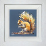 Framed artwork of a squirrel with abstract design on a blue background