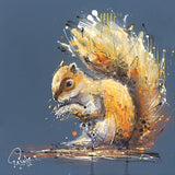 Framed artwork of a squirrel with abstract design on a blue background