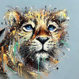 Artwork of a stylized tiger's face on a light blue background