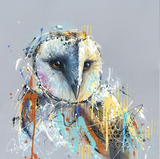 Framed artwork of a colorful owl on a gray background