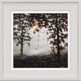 Framed artwork of a misty forest scene with trees and a bench.
