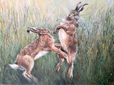 Two hares in a grassy field, depicted in a painting style.