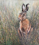 Painting of a hare in a grassy meadow
