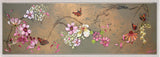 pink and white flowers with red butterfly on bronze background with white narrow frame