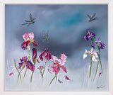 Artistic depiction of irises and dragonflies against a blue sky background
