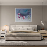 floral and wildlife artwork in a neutral coloured master bedroom