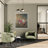 Modern office interior with green chairs, a plant, and a floral painting on the wall.