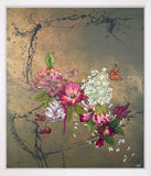 Artistic depiction of flowers and a butterfly on a textured background