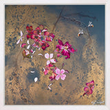 Artistic depiction of pink and red flowers on a textured brown background