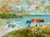 Collage-style artwork of a coastal scene with houses, boats, and people.