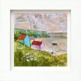 Artistic depiction of houses on a hill with a boat in the background, framed artwork.