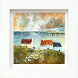 Framed artwork of a coastal scene with houses and birds, signed 'Athay'.
