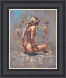Framed canvas painting of a seated nude figure seen from behind, 