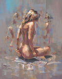 artwork of a nude woman seated with her back to the viewer,