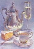 Still life painting of a silver teapot, cup, saucer, cake, and glass on a textured surface.