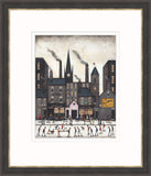 Framed art print featuring a stylized city street scene with buildings, smokestacks, pedestrians, and a church spire, presented in a dark wood frame with white matting.