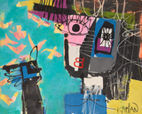 Abstract artwork with colorful shapes and a prominent eye-like figure.