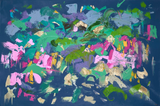 Abstract painting with colorful shapes on a dark blue background