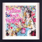 A framed pop art print featuring a stylized portrait of Queen Elizabeth wearing a crown and blue gown, surrounded by collage elements, graffiti-style lettering, and a dog. The artwork includes the words 'Follow Your Heart.