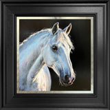 Framed artwork of a white horse's head on a black background