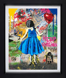 Collage art of a girl in a blue dress against a colorful urban background with text and graphics.