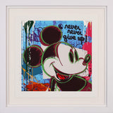 Framed artwork of a stylized character with colorful abstract background and text.