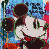 Colorful graffiti-style artwork with a stylized face and 'never give up!' text.