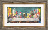 A framed art print depicting a colorful, surreal version of Leonardo da Vinci's Last Supper, enclosed in a wide white mat and a textured gold frame.