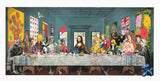 A colorful pop-art style print of Leonardo da Vinci's Last Supper, where the figures are replaced by cartoon-like characters in bright clothing, set against a dark teal room with graffiti-style wall art.