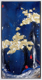 An abstract landscape painting featuring a deep blue night sky with textured gold and white 