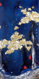 An abstract painting depicting a dark blue night sky with textured gold and white 