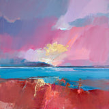 Abstract painting with pink, blue, and red colors