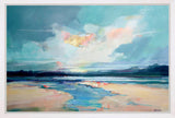Abstract landscape painting with colorful sky and water