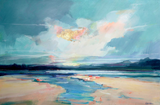 Abstract landscape painting with a colorful sky and water.