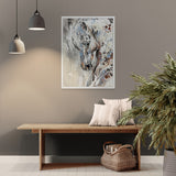 Modern interior with a wolf painting on the wall, wooden bench, and decorative items.