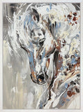 Abstract painting of a horse's head with swirling patterns in neutral colors.